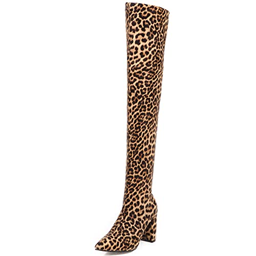 Bviennic Daherren Party Overknees Stretch Stiefel Blockabsatz Hochzeit Kleid Pointed Toe Mode Ohne Verschluss Herren Lange Stiefel Leopard Gr 40.5 EU-42Cn von Bviennic