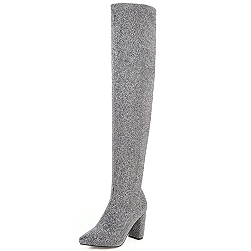 Bviennic Daherren Party Overknees Stretch Stiefel Blockabsatz Hochzeit Kleid Pointed Toe Mode Ohne Verschluss Herren Lange Stiefel Silber Gr 41 EU-43Cn Bviennic Daherren Party Overknees Stretch Stiefel Blockabsatz Hochzeit Kleid Pointed Toe Mode Ohne Verschluss Herren Lange Stiefel Silber Gr 41 EU-43Cn von Bviennic