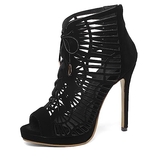 Bviennic Daherren Peep Toe Stiletto Strappy Gladiator Stiefeletten Elegant Schnüren Sommer Cut Out Bridal Party Plateau Schuhe Schwarz Gr 47 EU-49Cn von Bviennic