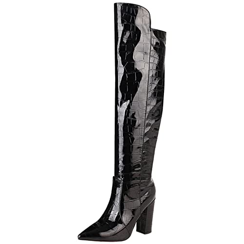 Bviennic Daherren Pointed Toe Overknees Lack Cowboystiefel Hohen Blockabsatz Vintage Ohne Verschluss Winter Lange Stiefel Herren Party Schwarz/D Gr 46 EU-48Cn von Bviennic