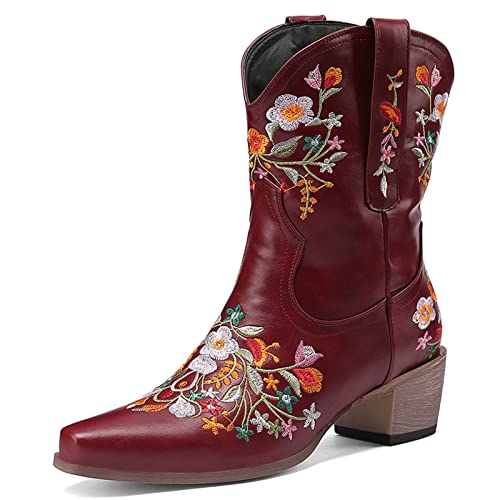 Bviennic Daherren Pointed Toe Vintage Halbschaft Embroiderot Boots Winter Draußen Walking Blockabsatz Ohne Verschluss Cowboy Stiefeletten Rot Gr 40 EU-41Cn von Bviennic