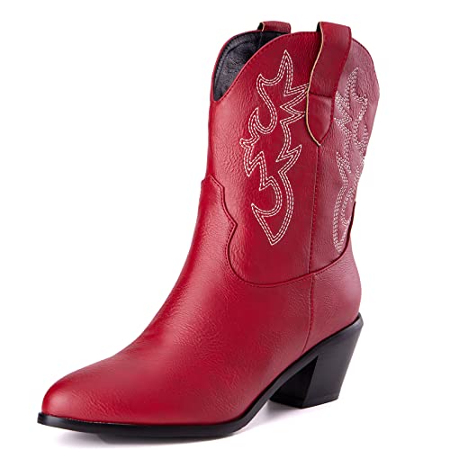 Bviennic Daherren Vintage Embroiderot Cowboystiefel Halbschaft Draußen Warm Pointed Toe Blockabsatz Ohne Verschluss Herren Western Stiefeletten Rot Gr 46 EU-48Cn von Bviennic