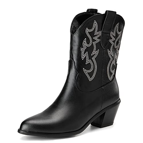 Bviennic Daherren Vintage Embroiderot Cowboystiefel Halbschaft Draußen Warm Pointed Toe Blockabsatz Ohne Verschluss Herren Western Stiefeletten Schwarz Gr 45 EU-47Cn von Bviennic