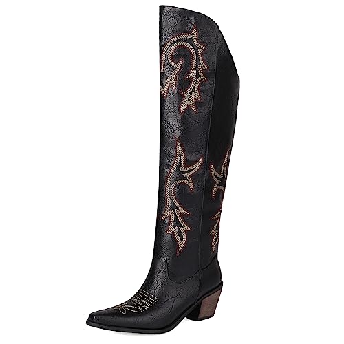 Bviennic Daherren Vintage Overknees Embroiderot Cowboystiefel Ohne Verschluss Pointed Toe Draußen Blockabsatz Reitstiefel Schwarz Gr 41 EU-43Cn von Bviennic