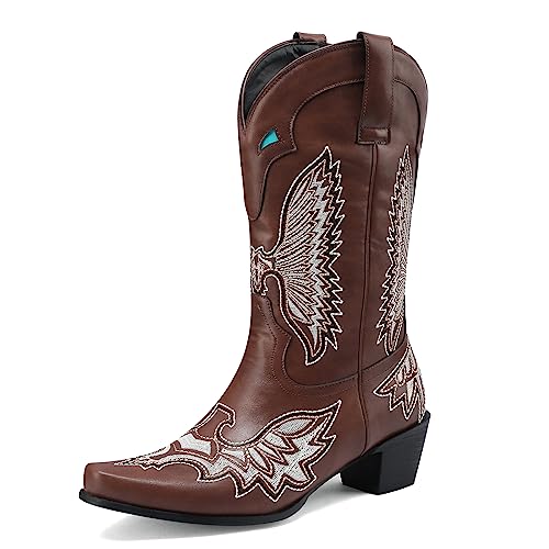 Bviennic Daherren Winter Ohne Verschluss Draußen Embroiderot Westernstiefel Mode Draußen Blockabsatz Klassischer Cowboy Knee Stiefeletten Braun Gr 39 EU-40Cn von Bviennic