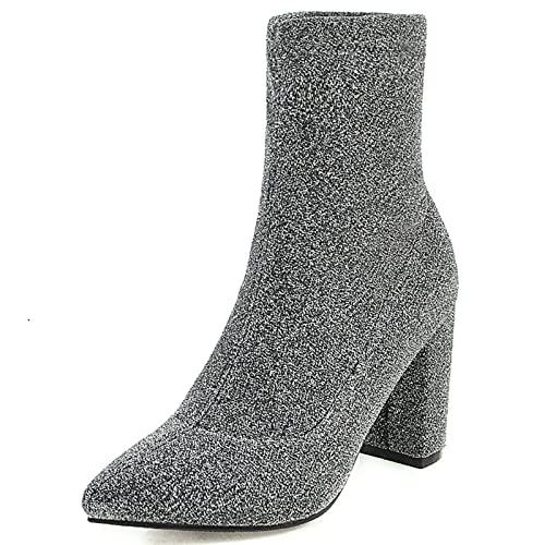 Bviennic Daherren Winter Pointed Toe Stretch Stiefeletten Blockabsatz Hochzeit Kleid Höhe Ferse Herren Party Stiefeletten Ohne Verschluss Silber Gr 46 EU-48Cn von Bviennic