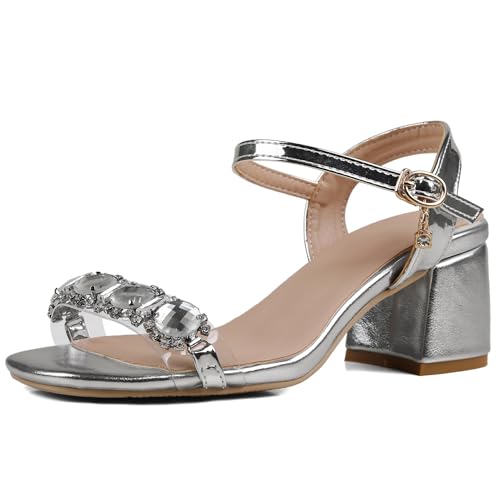 Bviennic Damen Block Mitte Absatz Sandals Komfort 0756 Silber Gr 46 EU/48Cn von Bviennic