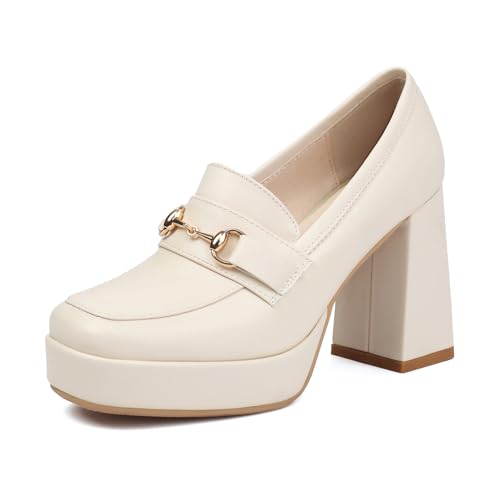 Bviennic Damen Blockabsatz Loafer Runde Zehen Höhe Ferse Schuhe Ohne Verschluss mit Plateau Klassische Abendschuhe C84107Kb Weiß Gr 38 EU/39Cn von Bviennic