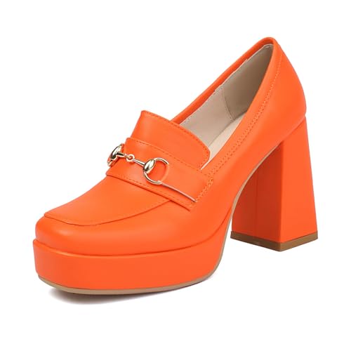 Bviennic Damen Blockabsatz Loafer Runde Zehen Höhe Ferse Schuhe Ohne Verschluss mit Plateau Klassische Abendschuhe Q84211Le Orange Gr 36.5 EU/37Cn von Bviennic