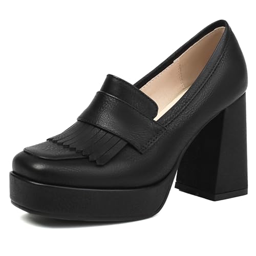 Bviennic Damen Blockabsatz Loafer Square Toe Höhe Ferse Schuhe Ohne Verschluss mit Plateau Klassische Party Schuhe Z84757Mp Schwarz Gr 38 EU/39Cn von Bviennic