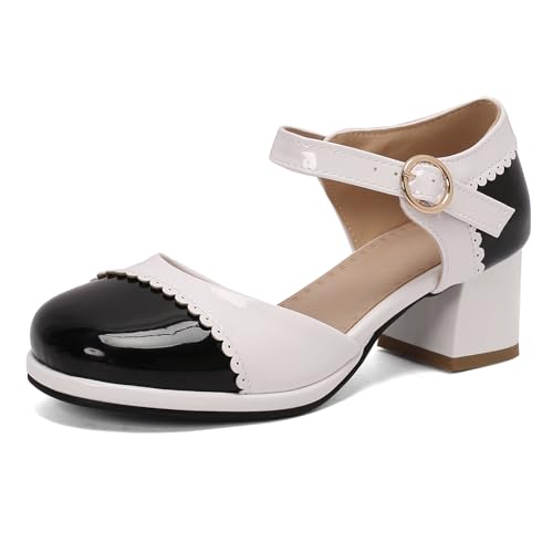 Bviennic Damen Blockabsatz Mary Jane Runde Zehen Mitte Absatz Dancing Sandals Schnalle Klassische Mary Jane mit Plateau Zweifarbig, M12971Vy Schwarz Gr 40 EU/41Cn von Bviennic