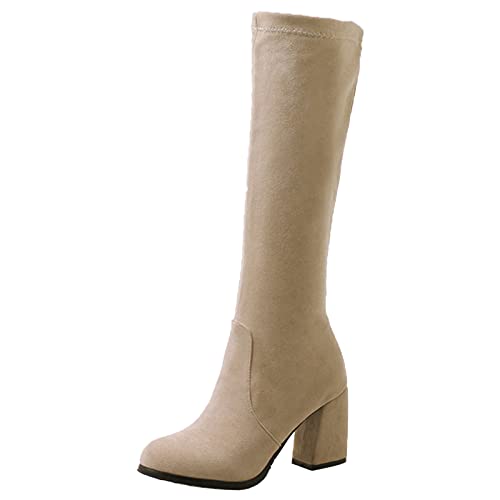 Bviennic Damen Blockabsatz Mode Knee Stretch Stiefel Runde Zehen Ohne Verschluss Winter Warm Herren Höhe Ferse Reitstiefel Beige Gr 36.5 EU-37Cn von Bviennic