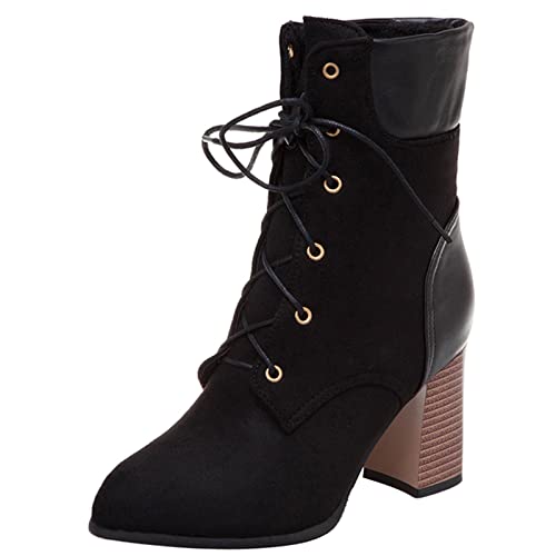 Bviennic Damen Blockabsatz Mode Schnüren Biker Stiefeletten Leisure Pointed Toe Winter Warm Draußen Höhe Ferse Kurzschaft Stiefel Schwarz Gr 41 EU-43Cn von Bviennic