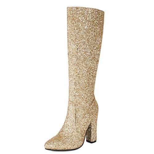 Bviennic Damen Blockabsatz Stiefel Höhe Ferse Hohe Stiefel Square Toe Zip Solid Abendstiefel, D254563Wg Gold Gr 43 EU/45Cn von Bviennic