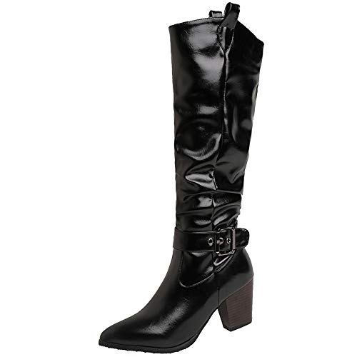 Bviennic Damen Blockabsatz Stiefel Pleated Höhe Ferse Hohe Stiefel Mode Pointed Toe Ohne Verschluss Abendstiefel, P216642Na Schwarz Gr 39 EU/40Cn von Bviennic