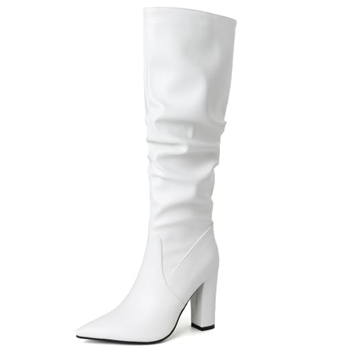 Bviennic Damen Blockabsatz Stiefel Pleated Höhe Ferse Hohe Stiefel Pointed Toe Ohne Verschluss Leisure Partystiefel, I17053Vy Weiß Gr 36 EU von Bviennic