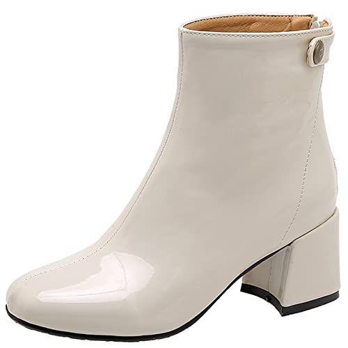 Bviennic Damen Buro Blockabsatz Herren Lack Stiefeletten Stylish Runde Zehen Komfort Abend Kleid Winter Warm Chelsea Stiefeletten Beige Gr 40 EU-41Cn von Bviennic