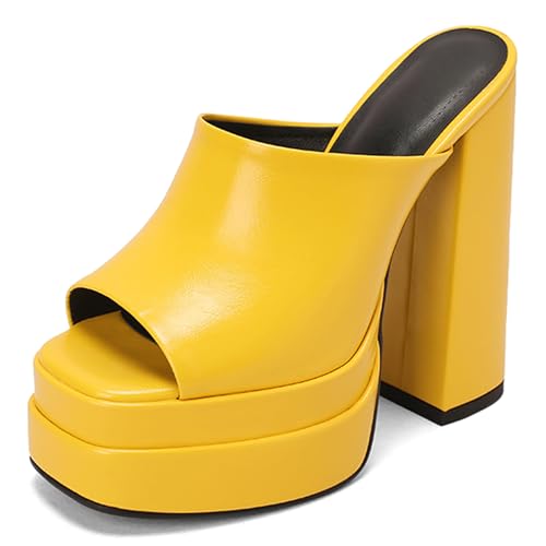 Bviennic Damen Chunky Höhe Ferse Mules mit Plateau Mode 0708 Gelb Gr 40.5 EU/42Cn von Bviennic