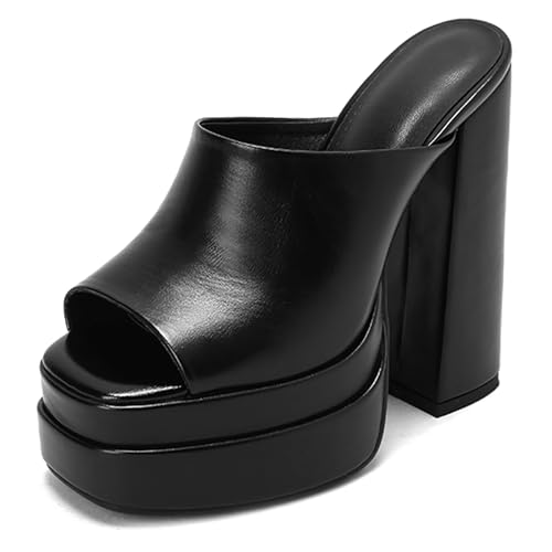 Bviennic Damen Chunky Höhe Ferse Mules mit Plateau Mode 0708 Schwarz Gr 40.5 EU/42Cn von Bviennic