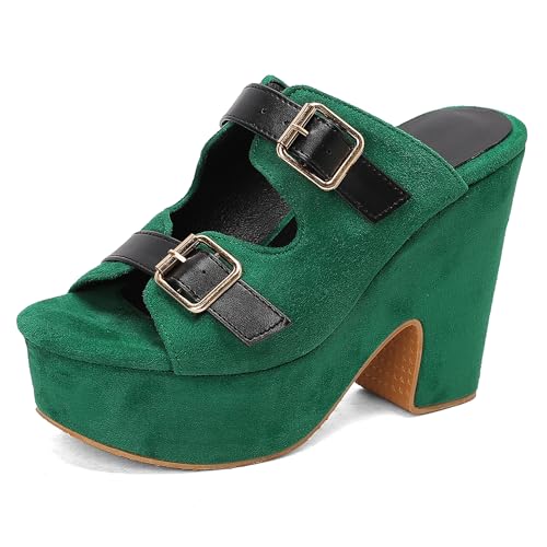 Bviennic Damen Chunky Höhe Ferse Mules mit Plateau Mode 0721 Dark-Grün Gr 41 EU/43Cn von Bviennic