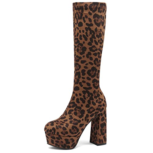 Bviennic Damen Chunky Knee Stretch Stiefel Party Kleid Ohne Verschluss Winter Plateau Heel Runde Zehen Prom Warm Boots Leopard Gr 39 EU-40Cn von Bviennic