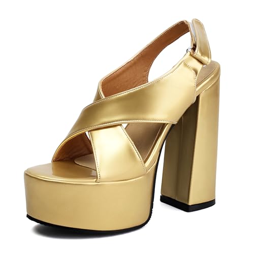 Bviennic Damen Chunky Plateau Cross Strap Offene Zeh Sandas Mode Party Prom Gold Gr 40 EU/41Cn von Bviennic