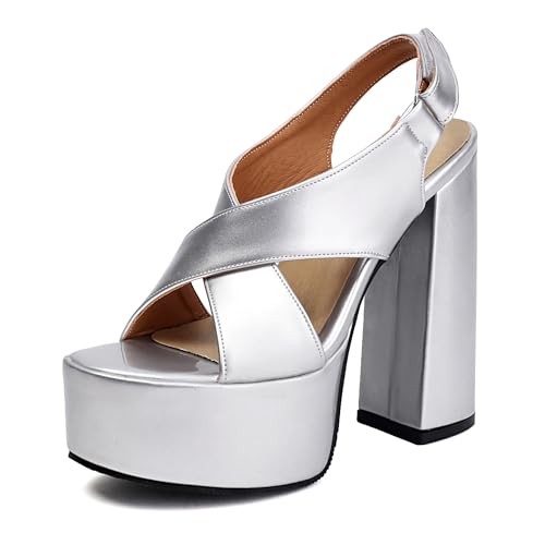 Bviennic Damen Chunky Plateau Cross Strap Offene Zeh Sandas Mode Party Prom Silber Gr 41 EU/43Cn von Bviennic