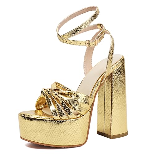 Bviennic Damen Chunky Plateau Höhe Ferse Sandals Offene Zeh Knöchelriemchen Hochzeit Abend Gold Gr 33.5 EU/33Cn von Bviennic