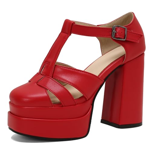 Bviennic Damen Chunky Sandals Partyschuhe mit Quadratischer Zehenpartie Und Hohem Absatz Schnalle Mode Sandals mit Plateau T-Spange, O26179Yt Rot Gr 45 EU/47Cn von Bviennic
