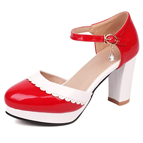 Bviennic Damen Closed Toe Blockabsatz Plateau Bridal Sandalen Elegant Knöchelriemchen Party Schuhe Komfort Kleid Rot Gr 37 Eu-38Cn von Bviennic