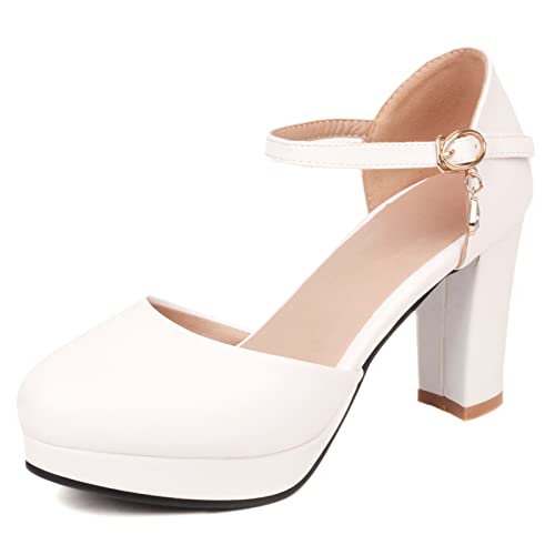 Bviennic Damen Closed Toe Blockabsatz Plateau Bridal Sandalen Elegant Knöchelriemchen Party Schuhe Komfort Kleid Weiß Gr 38 Eu-39Cn von Bviennic