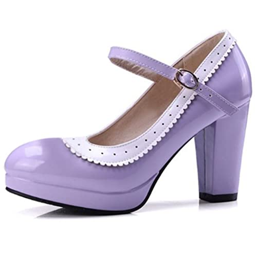 Bviennic Damen Closed Toe Chunky Heel Mary Jane Pumps Knöchelriemchen Plateau Runde Zehen Bride Elegant Hochzeit Schuhe Bows Violett/Mitout Bogen Gr 39 Eu-40Cn von Bviennic