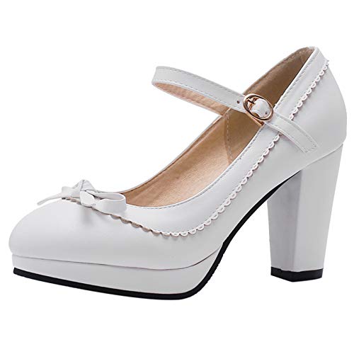 Bviennic Damen Closed Toe Chunky Heel Mary Jane Pumps Knöchelriemchen Plateau Runde Zehen Bride Elegant Hochzeit Schuhe Bows Weiß Gr 42 Eu-44Cn von Bviennic