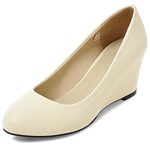 Bviennic Damen Closed Toe Hochzeit Keilabsatz Pumps Ohne Verschluss Comfy Runde Zehen Elegant Bride Party Formal Schuhe Beige Gr 40 Eu-41Cn von Bviennic
