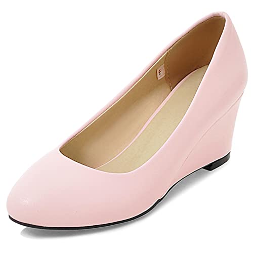 Bviennic Damen Closed Toe Hochzeit Keilabsatz Pumps Ohne Verschluss Comfy Runde Zehen Elegant Bride Party Formal Schuhe Pink Gr 39 Eu-40Cn von Bviennic