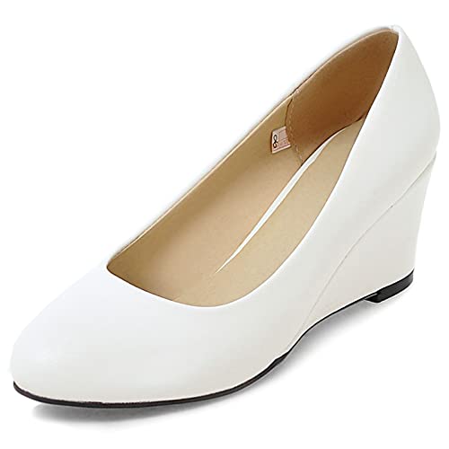 Bviennic Damen Closed Toe Hochzeit Keilabsatz Pumps Ohne Verschluss Comfy Runde Zehen Elegant Bride Party Formal Schuhe Weiß Gr 40 Eu-41Cn von Bviennic