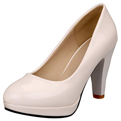 Bviennic Damen Closed Toe Höhe Ferse Pumps Hochzeit Kleid Elegant Runde Zehen Bride Sommer Party Lack Plateau Schuhe Ohne Verschluss Weiß Gr 40.5 Eu-42Cn von Bviennic