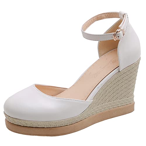 Bviennic Damen Closed Toe Knöchelriemchen Mode Plateau Keilabsatz Sandalen Party Komfort Höhe Ferse Sommer Brautschuhe Weiß Gr 38 Eu-39Cn von Bviennic