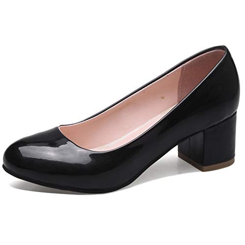 Bviennic Damen Closed Toe Lack Ohne Verschluss Block Mitte Absatz Pumps Buro Arbeit Komfort Party Runde Zehen Mode Kleid Schuhe Hochzeit Schwarz Gr 37 Eu-38Cn von Bviennic