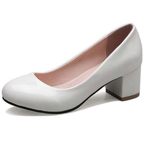 Bviennic Damen Closed Toe Lack Ohne Verschluss Block Mitte Absatz Pumps Buro Arbeit Komfort Party Runde Zehen Mode Kleid Schuhe Hochzeit Weiß Gr 45 Eu-47Cn von Bviennic