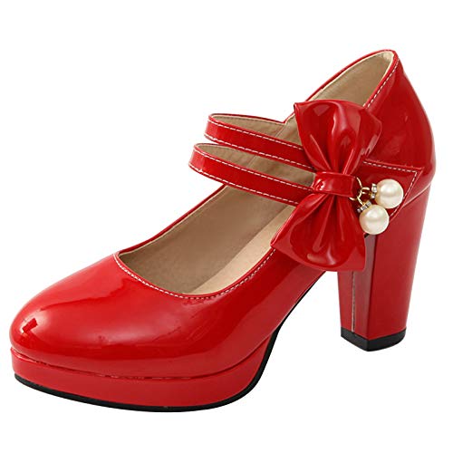 Bviennic Damen Closed Toe Mary Jane Blockabsatz Pumps Lack Bride Hochzeit Runde Zehen Plateau Sweet Sommer Party Schuhe Rot Gr 45 Eu-47Cn von Bviennic