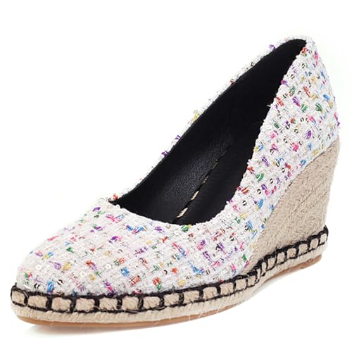 Bviennic Damen-Espadrille mit Keilabsatz Runde Zehen Höhe Ferse Schuhe Ohne Verschluss mit Plateau Komfort Daily Schuhe B25659Ts Weiß Gr 37 EU/38Cn von Bviennic