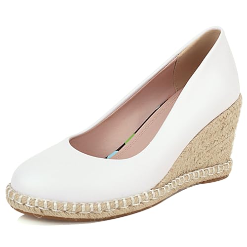 Bviennic Damen-Espadrille mit Keilabsatz Runde Zehen Höhe Ferse Schuhe Ohne Verschluss mit Plateau Komfort Daily Schuhe C26192En Weiß Gr 36.5 EU/37Cn von Bviennic