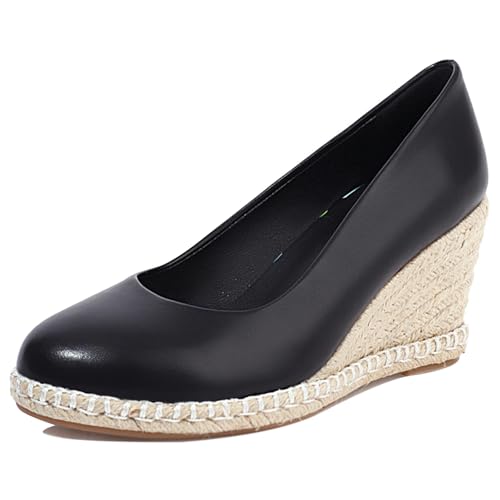 Bviennic Damen-Espadrille mit Keilabsatz Runde Zehen Höhe Ferse Schuhe Ohne Verschluss mit Plateau Komfort Daily Schuhe D26335Ib Schwarz Gr 36 EU von Bviennic