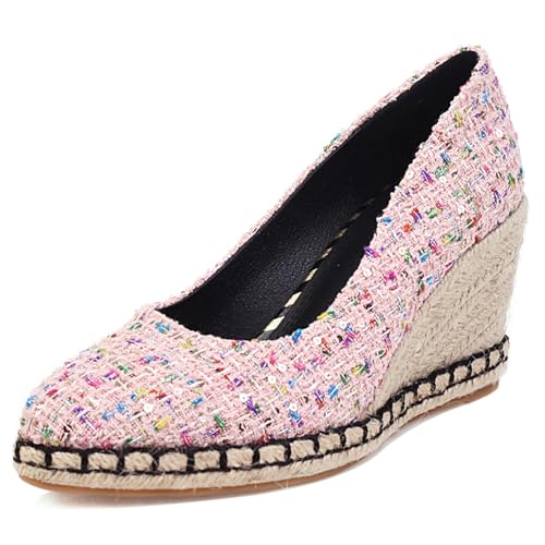 Bviennic Damen-Espadrille mit Keilabsatz Runde Zehen Höhe Ferse Schuhe Ohne Verschluss mit Plateau Komfort Daily Schuhe F25737Bi Pink Gr 37 EU/38Cn von Bviennic