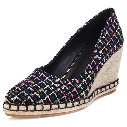 Bviennic Damen-Espadrille mit Keilabsatz Runde Zehen Höhe Ferse Schuhe Ohne Verschluss mit Plateau Komfort Daily Schuhe G25776Mq Schwarz Gr 35 EU von Bviennic