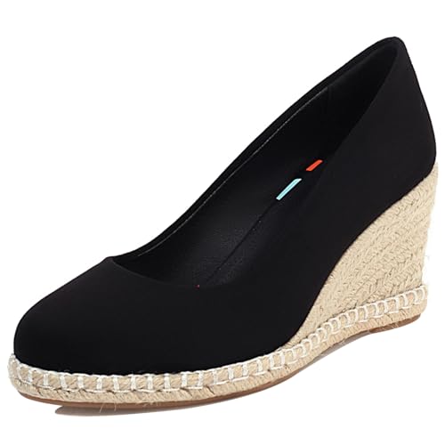 Bviennic Damen-Espadrille mit Keilabsatz Runde Zehen Höhe Ferse Schuhe Ohne Verschluss mit Plateau Komfort Daily Schuhe O26010Pn Schwarz Gr 35 EU von Bviennic