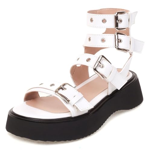Bviennic Damen Flach Gladiator Sandals mit Plateau Komfort 0706 Weiß Gr 40.5 EU/42Cn von Bviennic