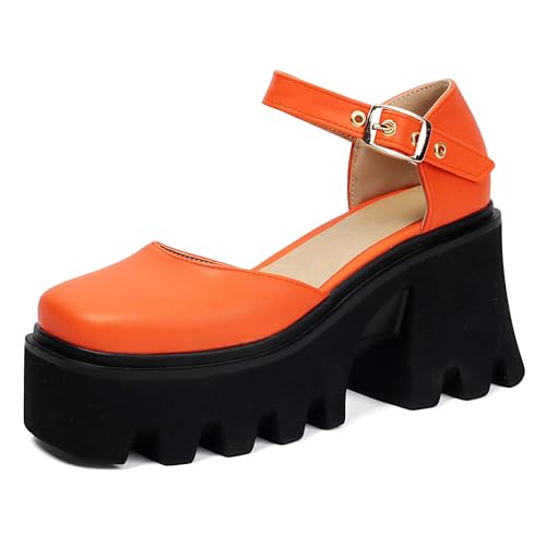 Bviennic Damen Flatform Flach Mary Jane Square Toe Mode Leisure Sandals Orange Gr 36.5 EU/37Cn von Bviennic