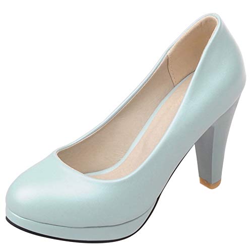 Bviennic Damen Formal Höhe Ferse Ohne Verschluss Closed Toe Pumps Arbeit Kleid Blockabsatz Bride Hochzeit Schuhe Runde Zehen Blau Gr 40 Eu-41Cn von Bviennic